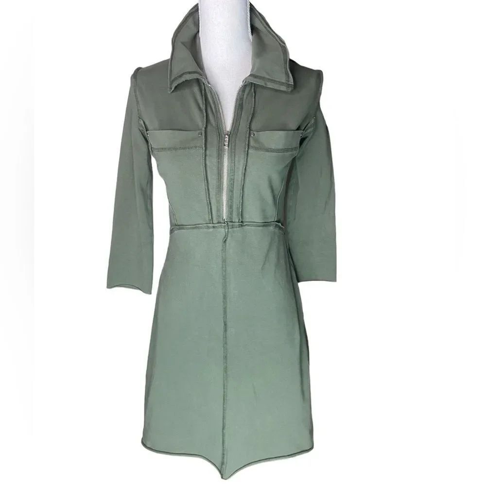 raw earth wild sky Olive Green 1/2 Zip Flattering Fit Flare Sweatshirt Dress Sm